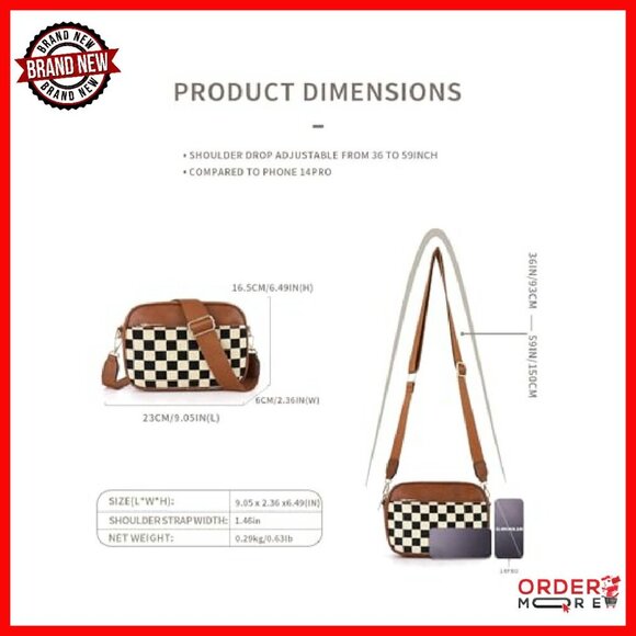PU Leather Crossbody Bag Adjustable Strap Checkerboard Plaid Handbag - Picture 7 of 7